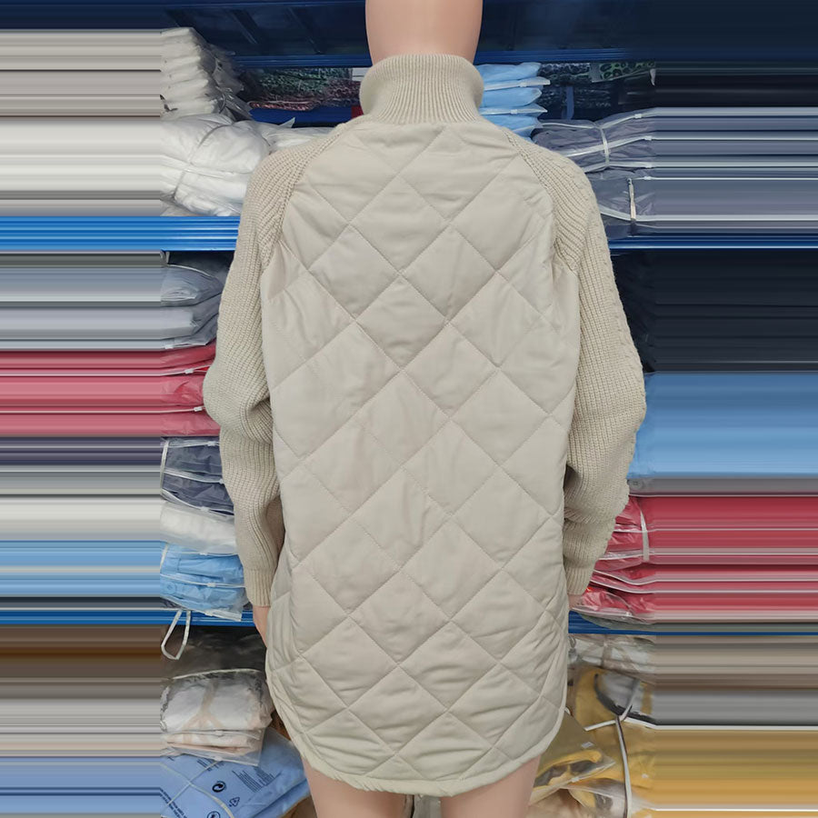 Quilted Jacket With Cable Knit Sleeves - Khaki - 4