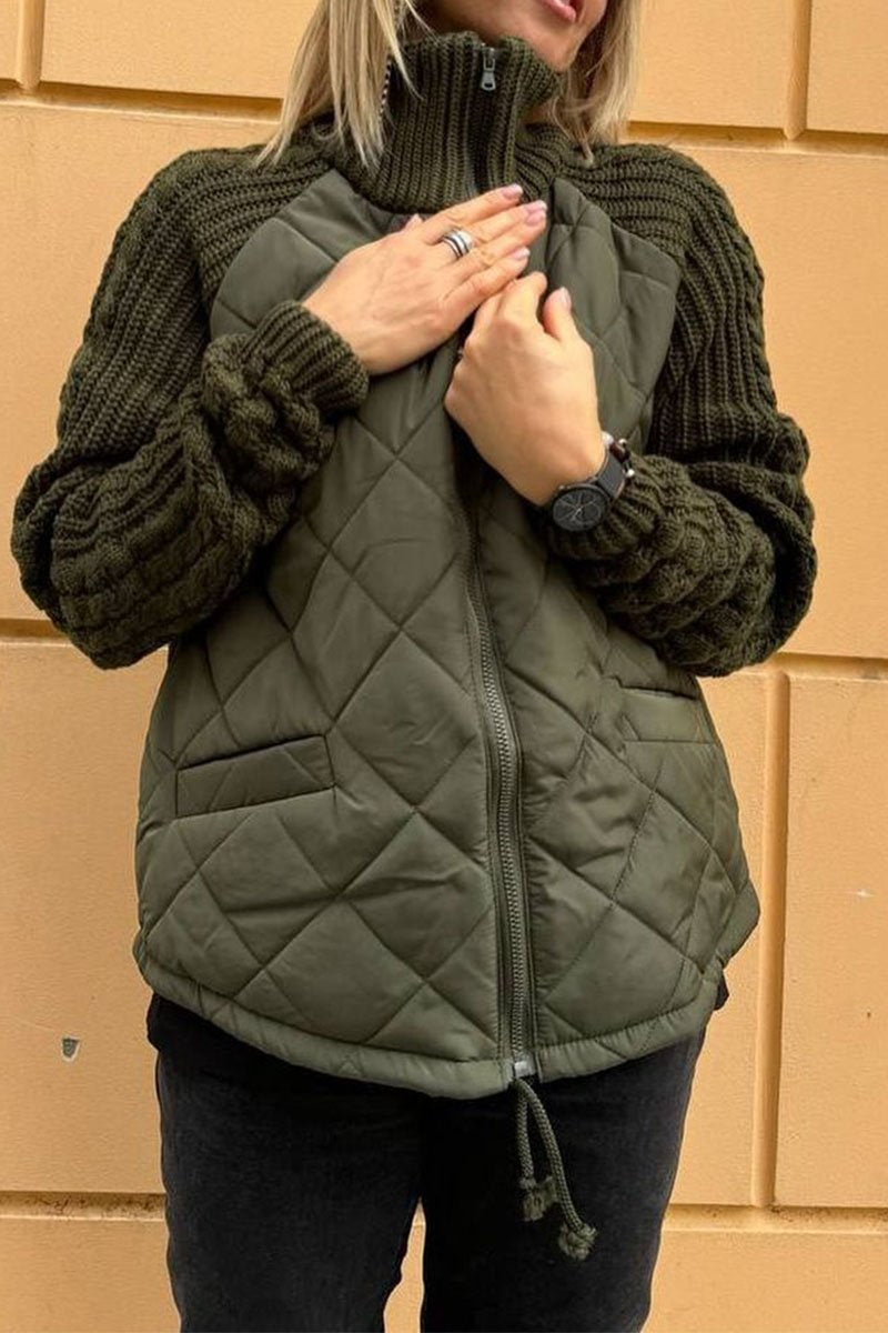 Quilted Jacket With Cable Knit Sleeves - Olive