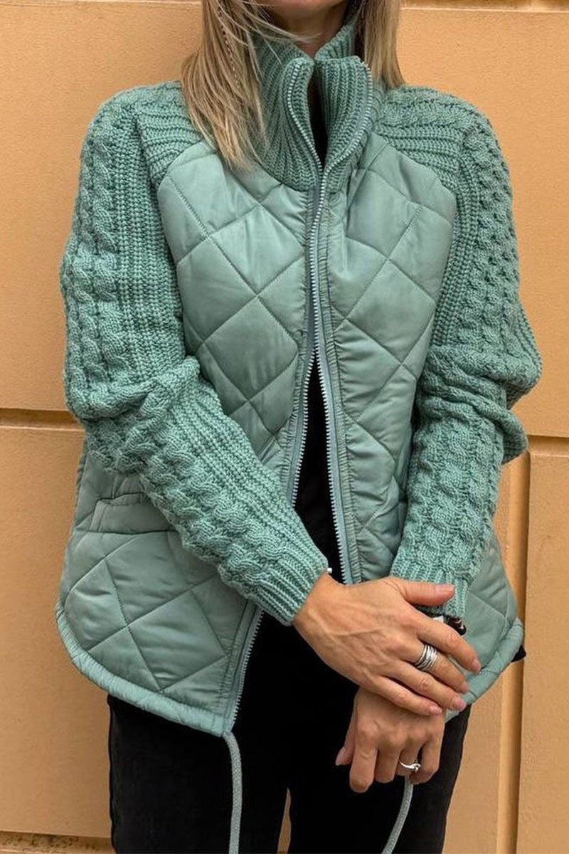 Quilted Jacket With Cable Knit Sleeves - Turquoise
