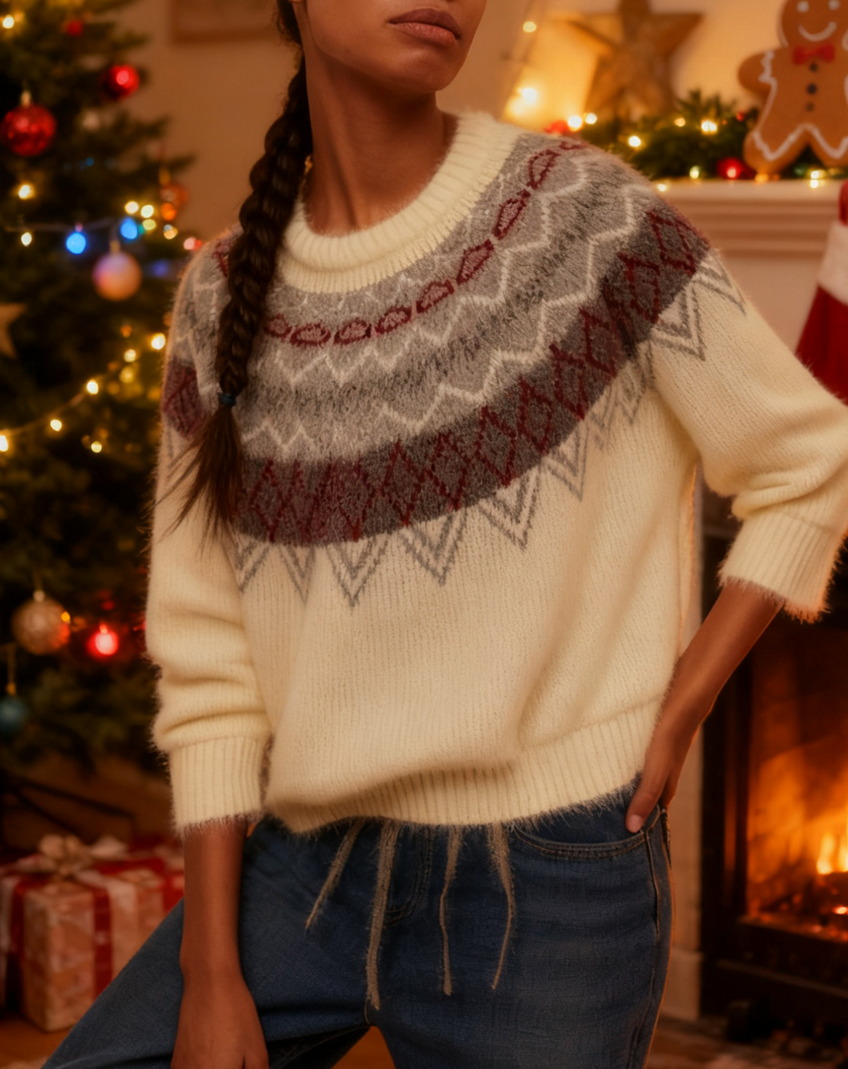 Nordic Yoke Pattern Knit Sweater - Beige