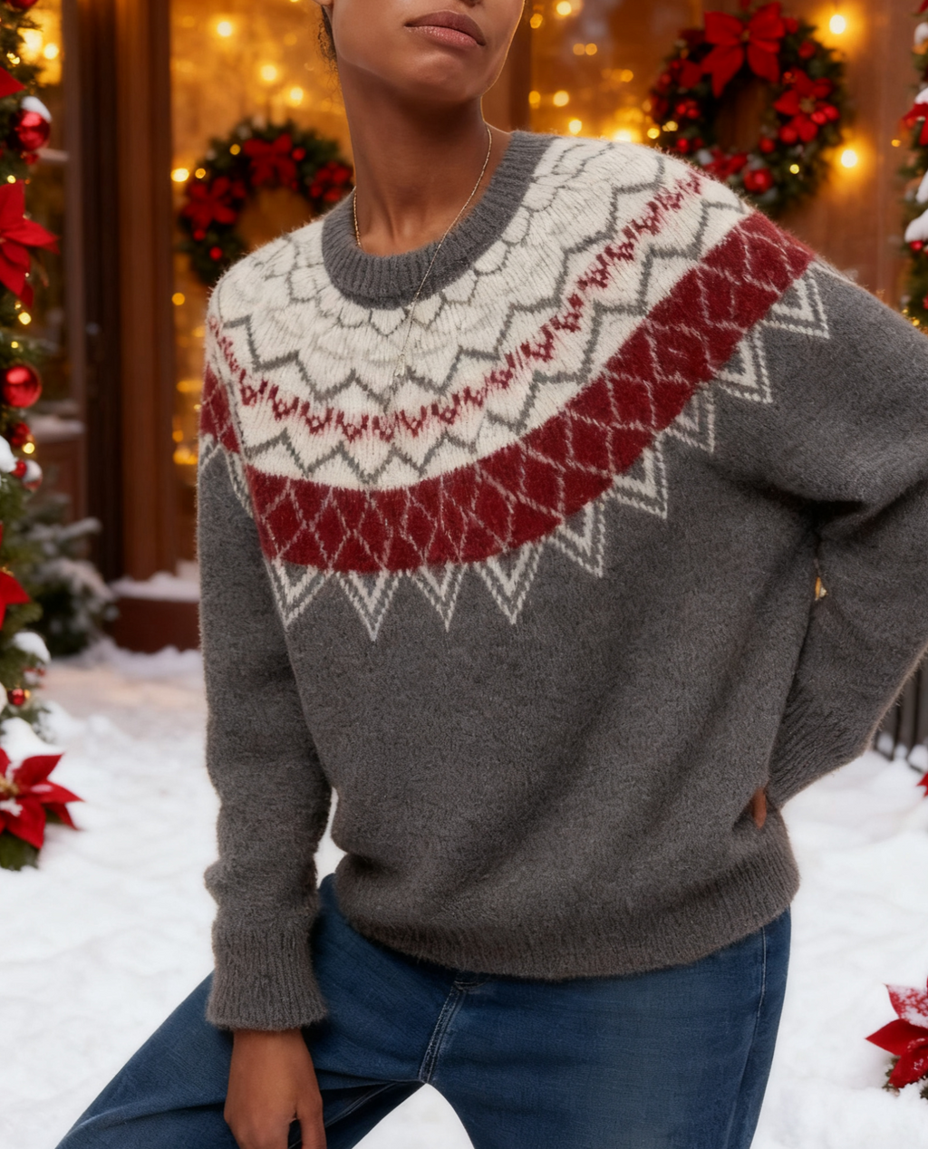 Nordic Yoke Pattern Knit Sweater - Grey