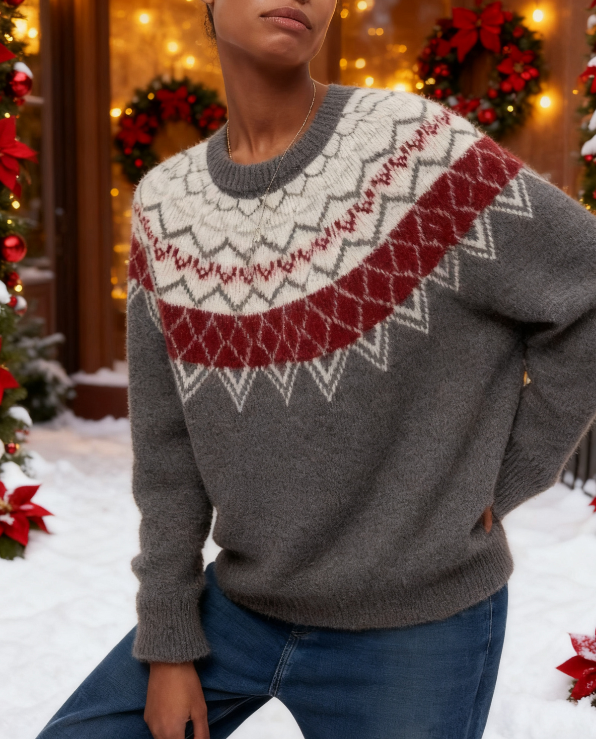 Nordic Yoke Pattern Knit Sweater - Grey