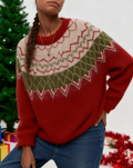 Nordic Yoke Pattern Knit Sweater - Red