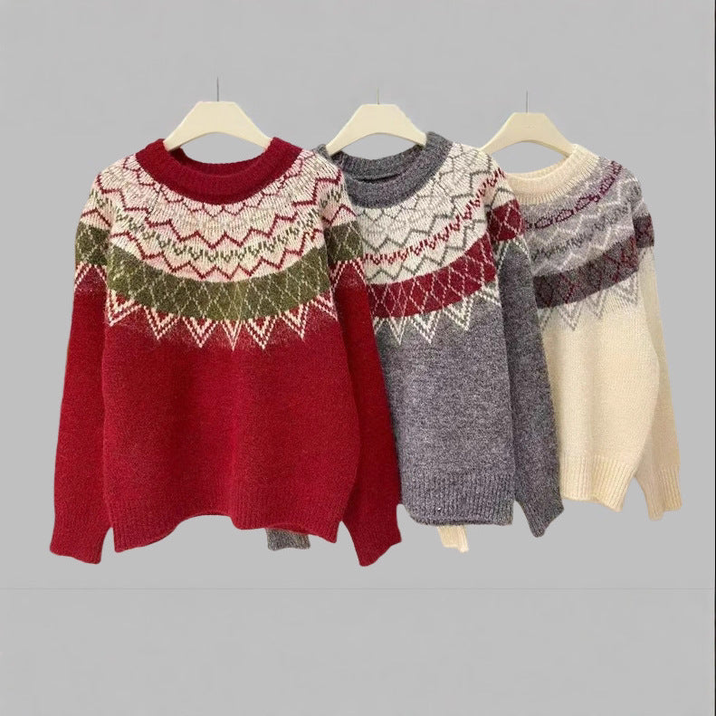 Nordic Yoke Pattern Knit Sweater - Red - 1