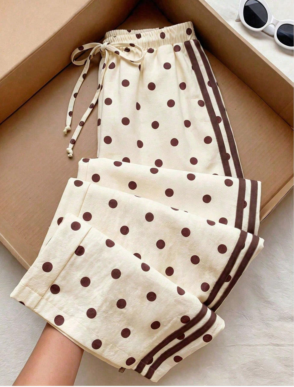 Textured Polka Dot Drawstring Waist Wide Leg Pants - Beige