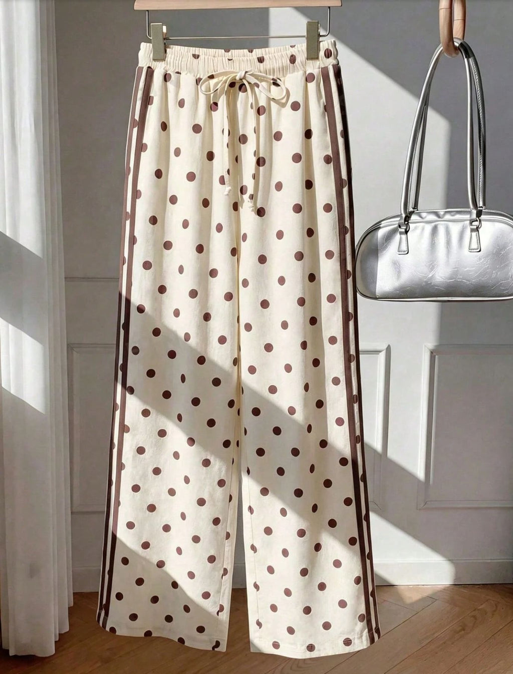 Textured Polka Dot Drawstring Waist Wide Leg Pants - Beige - 1