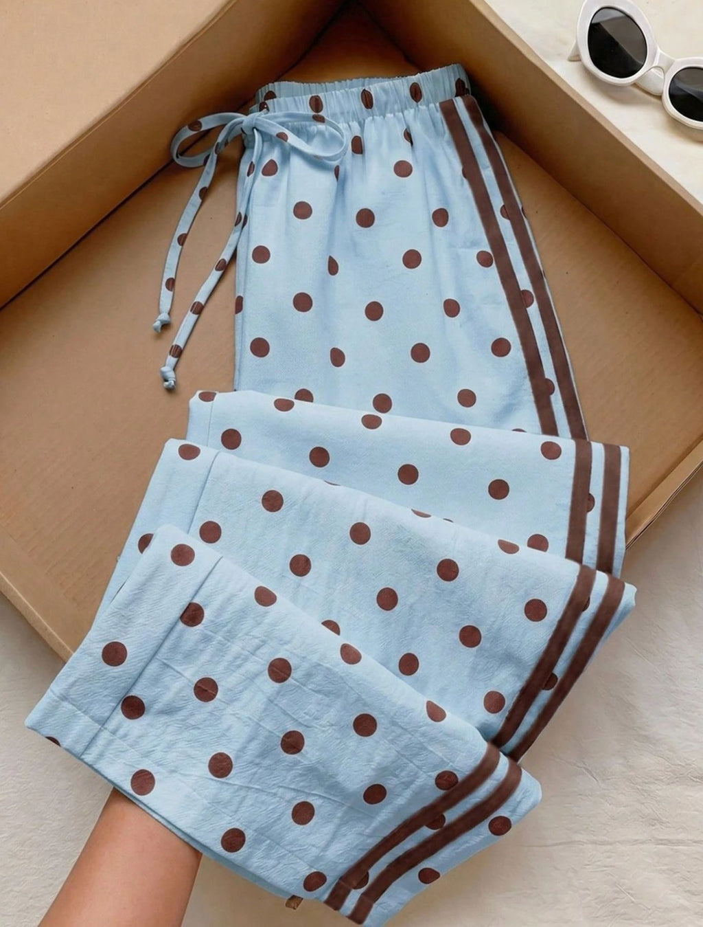 Textured Polka Dot Drawstring Waist Wide Leg Pants - Blue