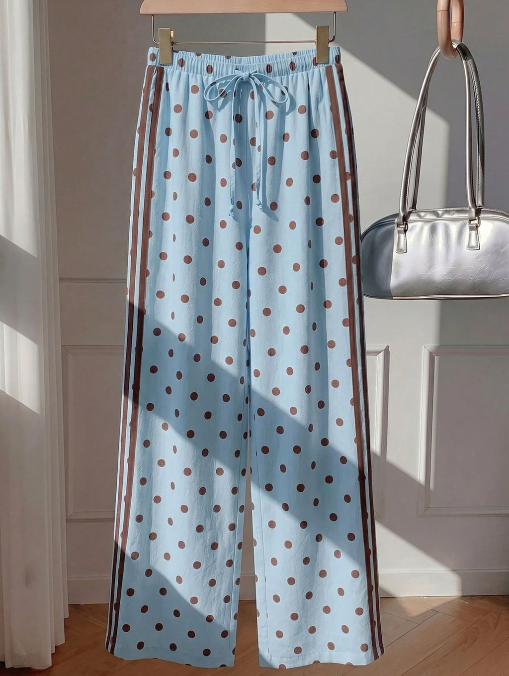 Textured Polka Dot Drawstring Waist Wide Leg Pants - Blue - 1