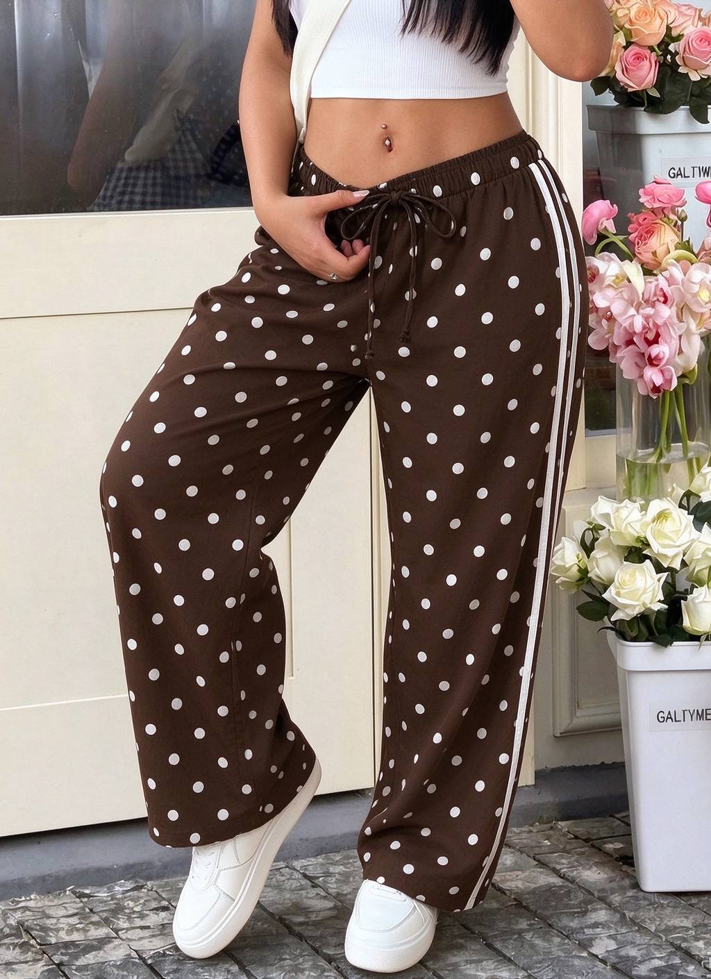 Textured Polka Dot Drawstring Waist Wide Leg Pants - Coffee