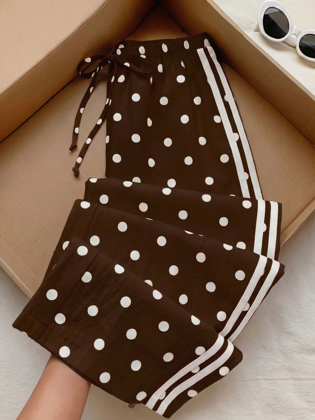 Textured Polka Dot Drawstring Waist Wide Leg Pants - Coffee - 1