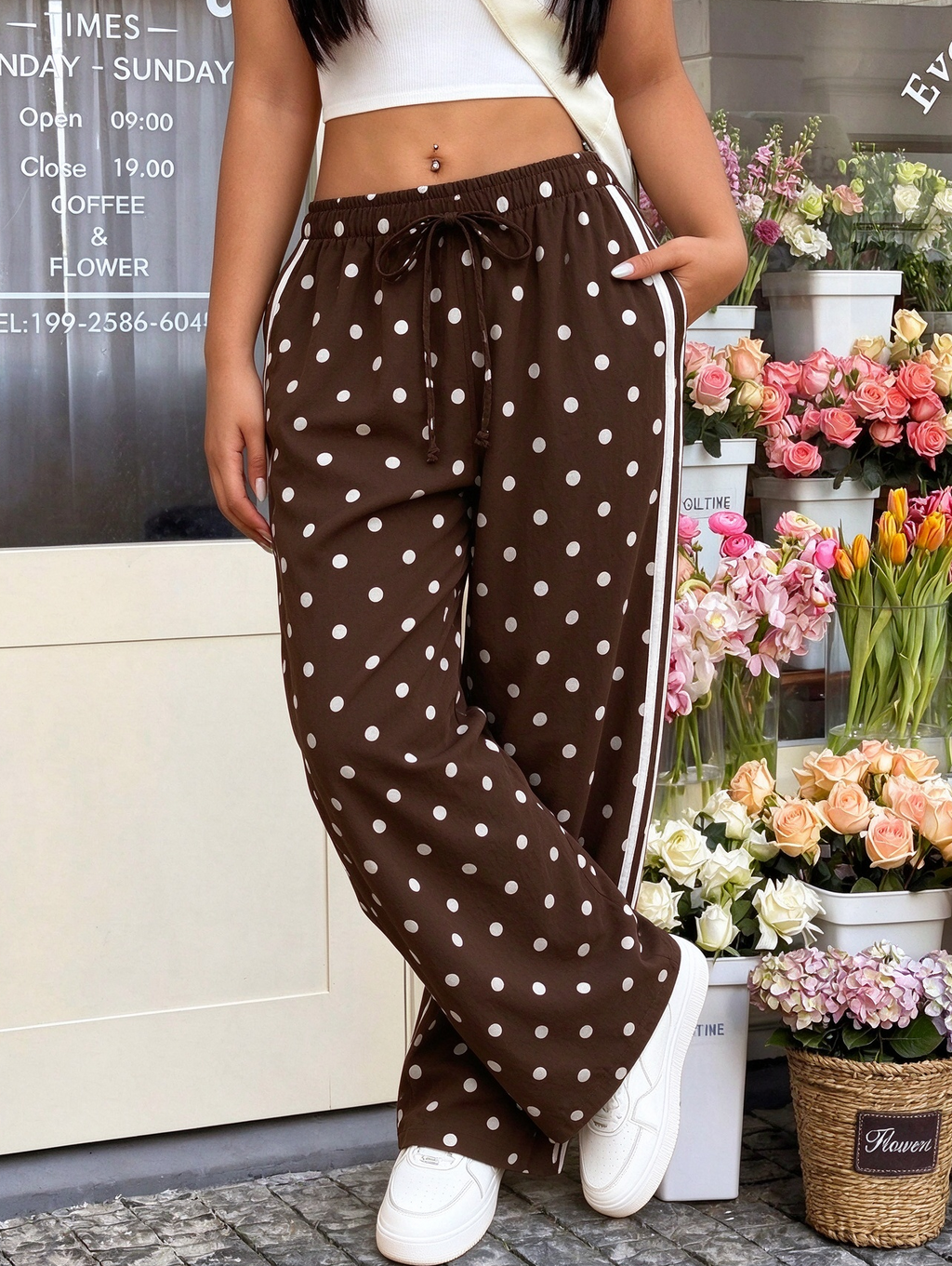 Textured Polka Dot Drawstring Waist Wide Leg Pants - Coffee - 3