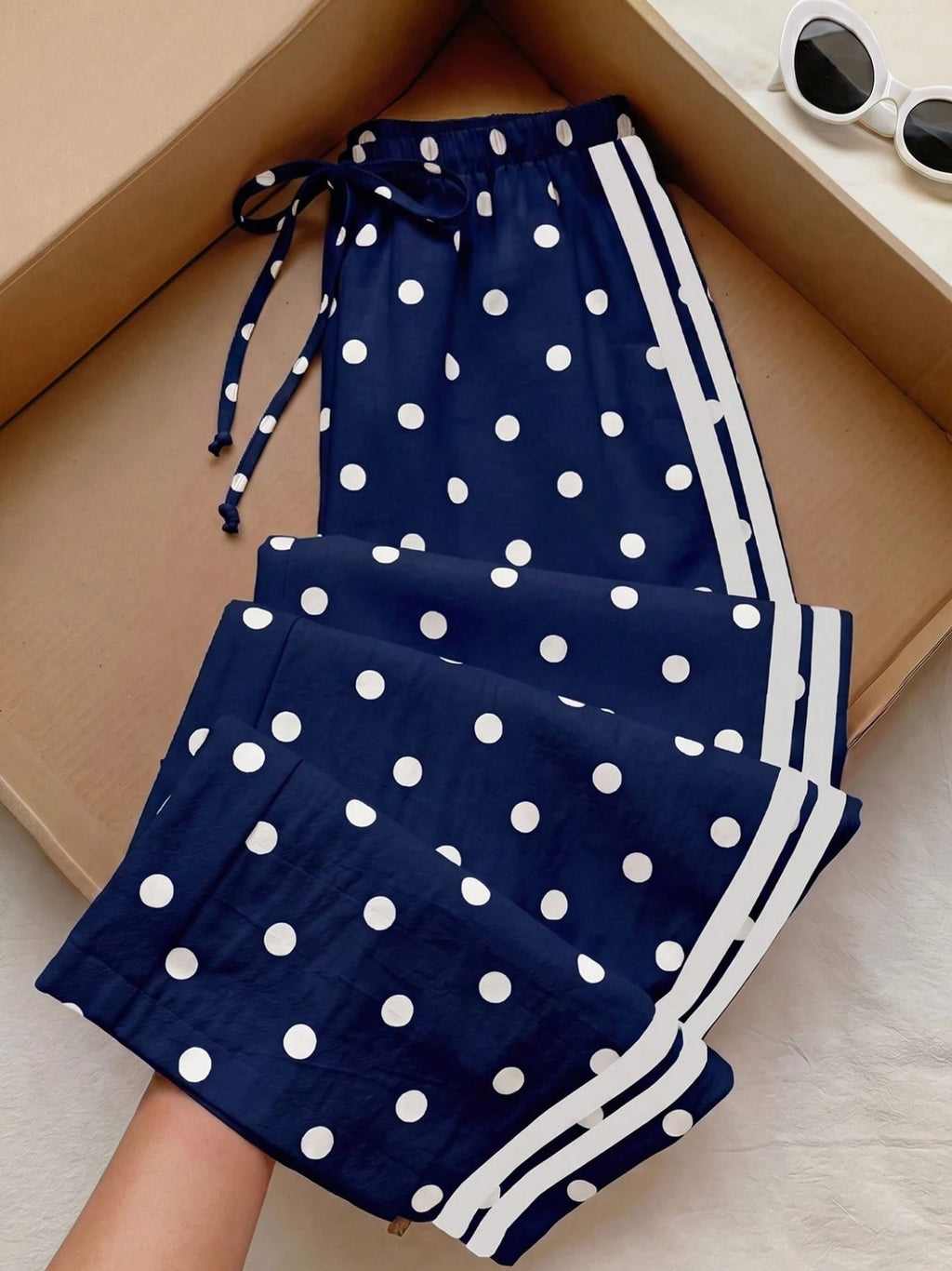 Textured Polka Dot Drawstring Waist Wide Leg Pants - DarkBlue