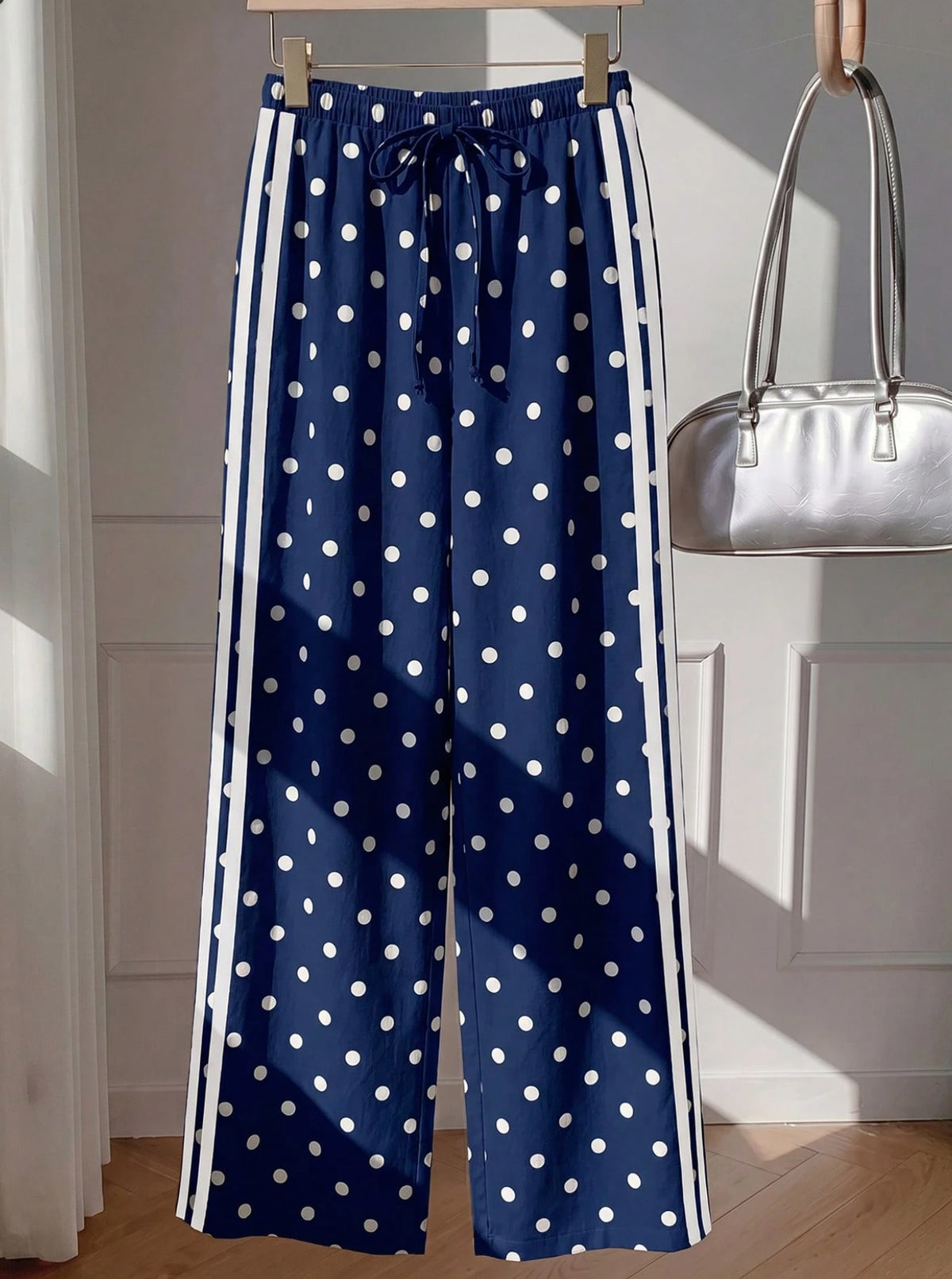 Textured Polka Dot Drawstring Waist Wide Leg Pants - DarkBlue - 1