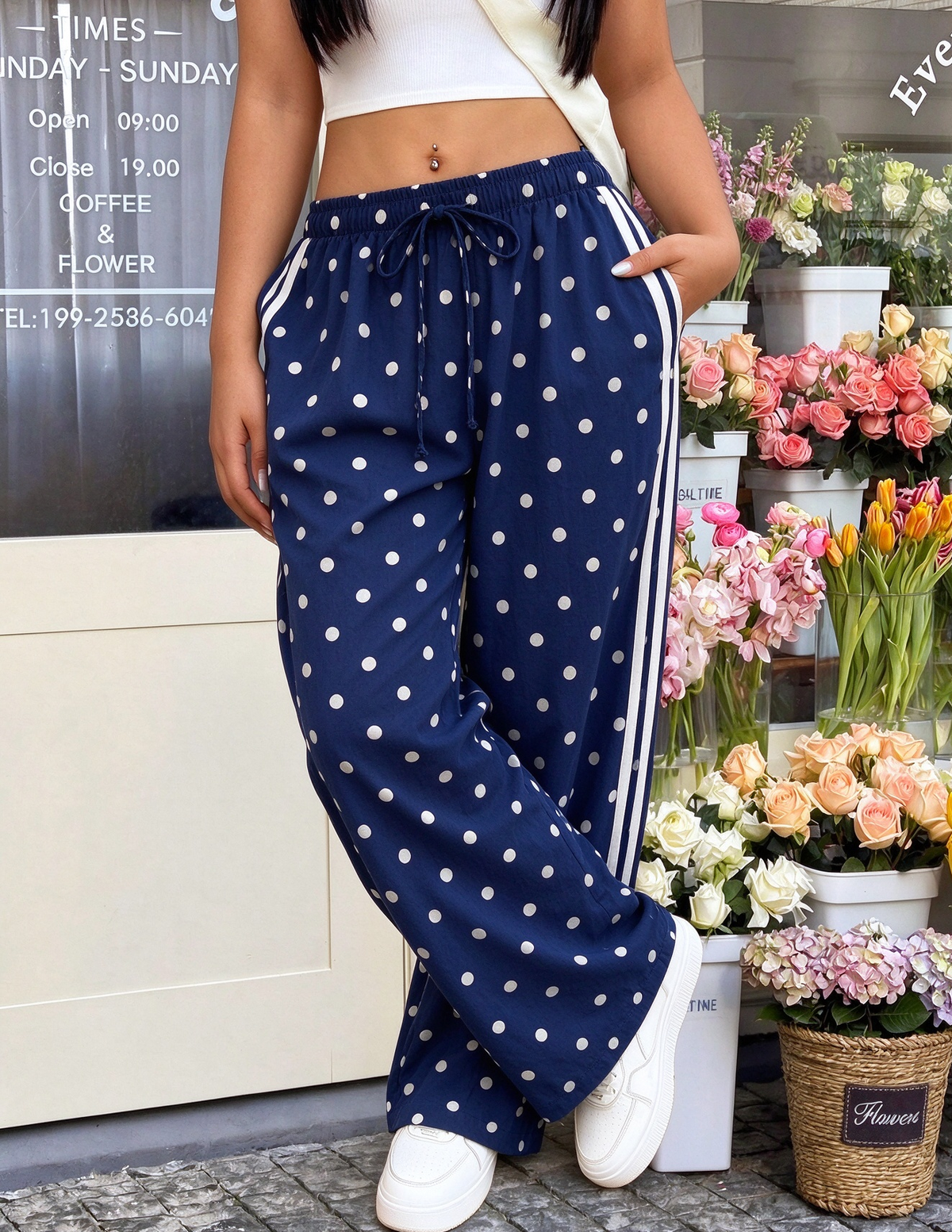Textured Polka Dot Drawstring Waist Wide Leg Pants - DarkBlue - 3