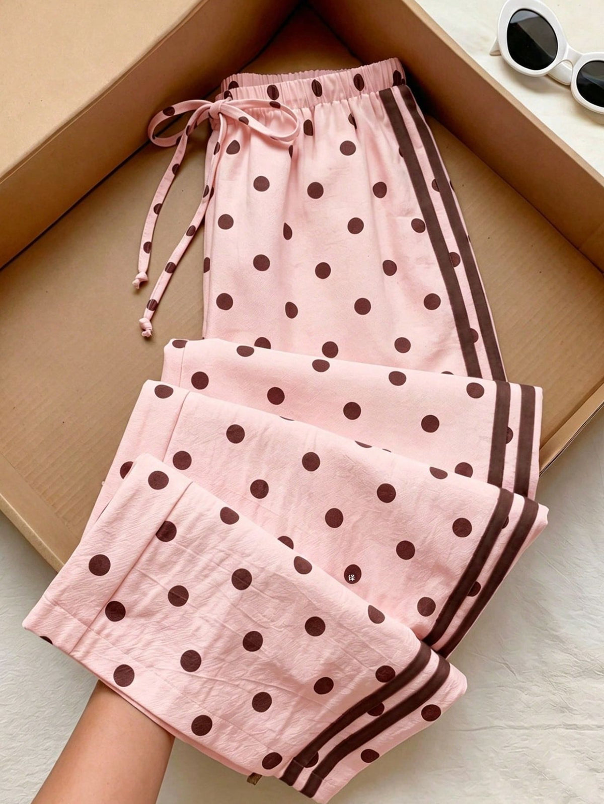 Textured Polka Dot Drawstring Waist Wide Leg Pants - Pink