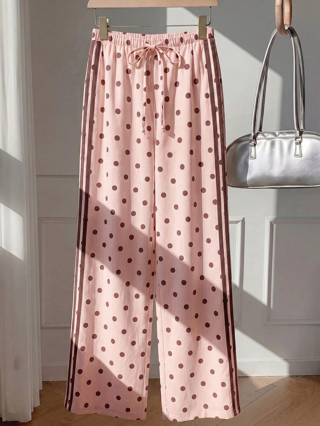 Textured Polka Dot Drawstring Waist Wide Leg Pants - Pink - 1