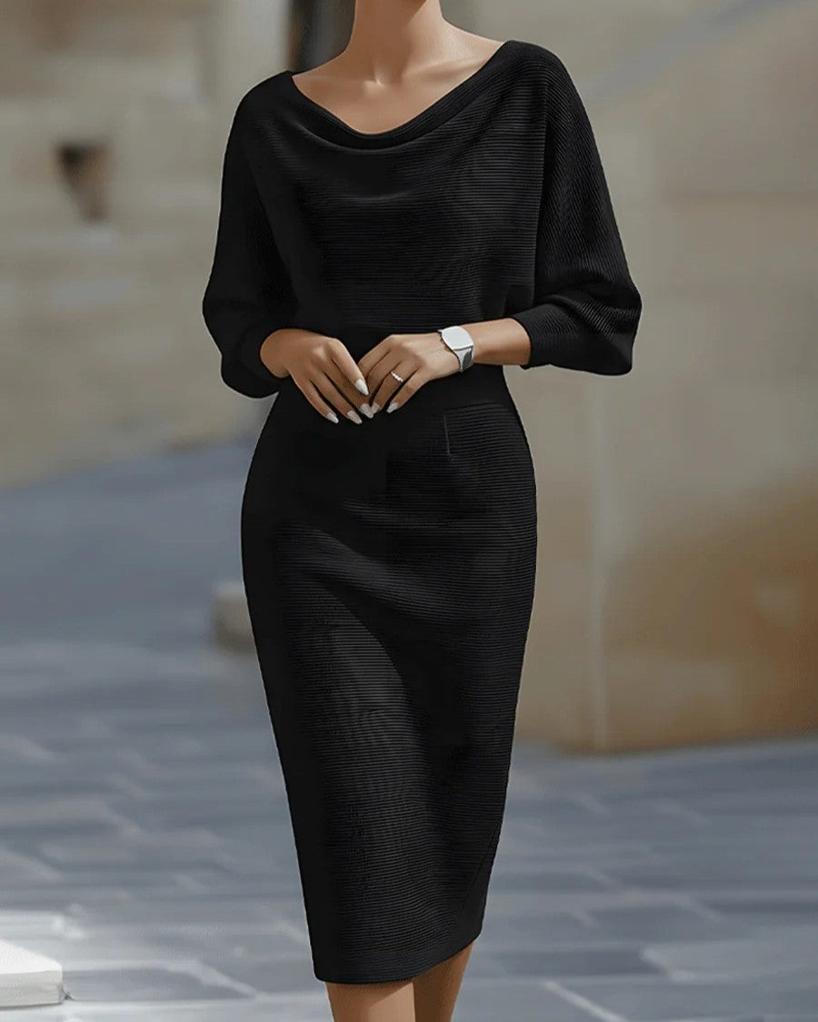 Cowl Neck Dolman Sleeve Midi Pencil Dress - Black