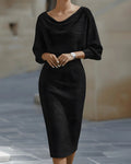 Cowl Neck Dolman Sleeve Midi Pencil Dress - Black