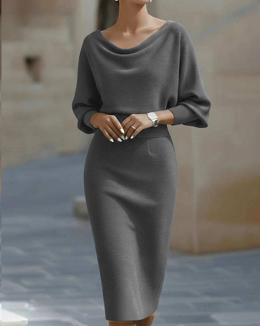 Cowl Neck Dolman Sleeve Midi Pencil Dress - Grey