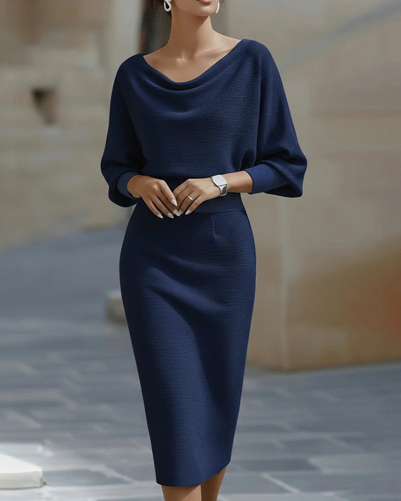 Cowl Neck Dolman Sleeve Midi Pencil Dress - Navy-Blue