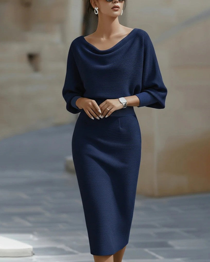 Cowl Neck Dolman Sleeve Midi Pencil Dress - Navy-Blue - 1