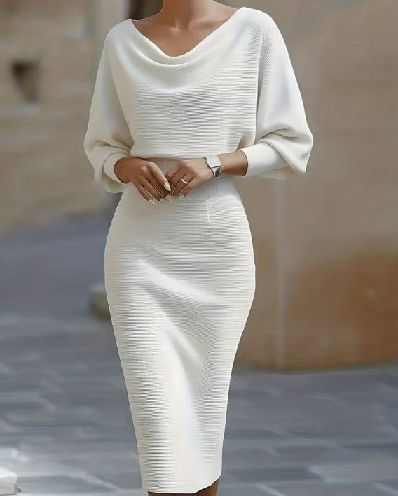 Cowl Neck Dolman Sleeve Midi Pencil Dress - White