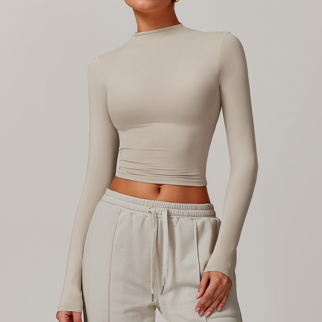 Brushed Mock Neck Cropped Long Sleeve Workout Top - Light Khaki