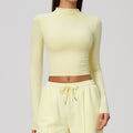 Brushed Mock Neck Cropped Long Sleeve Workout Top - Pale Yellow