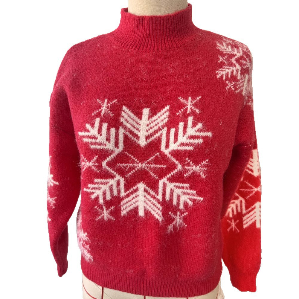 Snowflake Jacquard Mock Neck Knit Sweater - Red