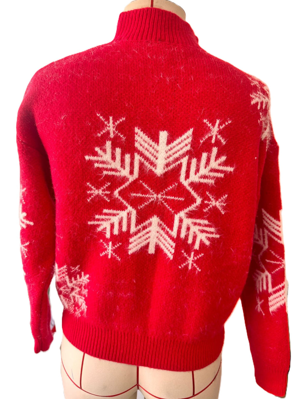 Snowflake Jacquard Mock Neck Knit Sweater - Red - 1