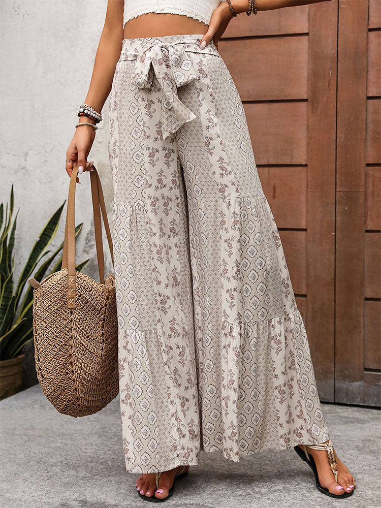 Boho Medallion Print Tie Waist Wide Leg Pants - Apricot