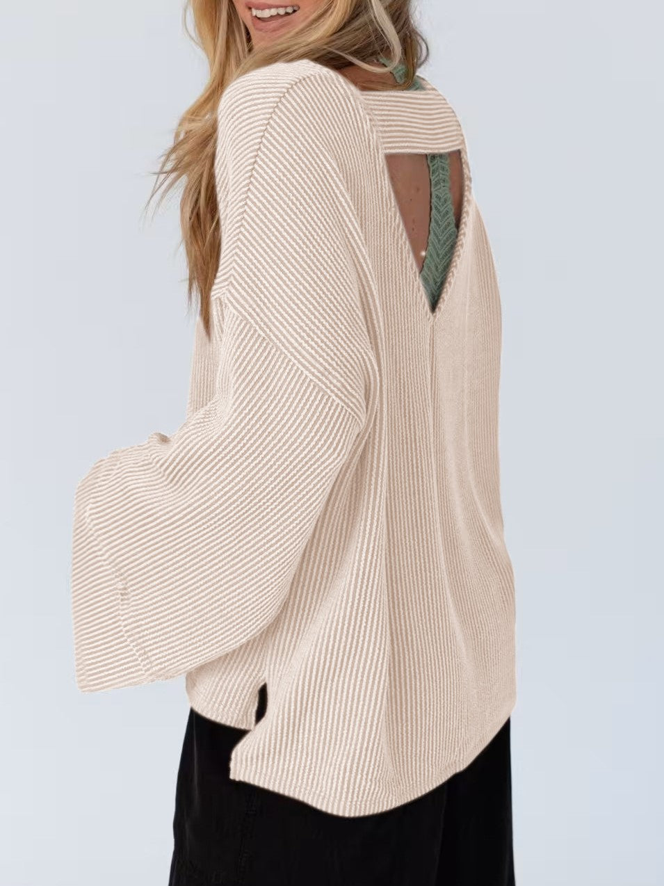 Oversized Waffle Knit Flare Sleeve Tee - Beige - 1