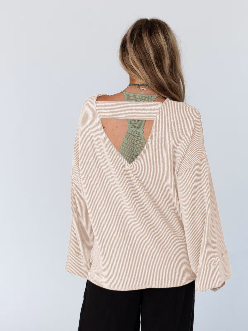 Oversized Waffle Knit Flare Sleeve Tee - Beige - 2