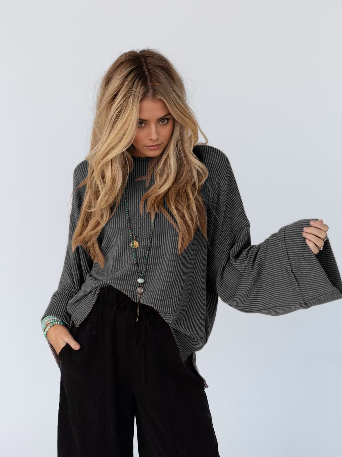 Oversized Waffle Knit Flare Sleeve Tee - Black