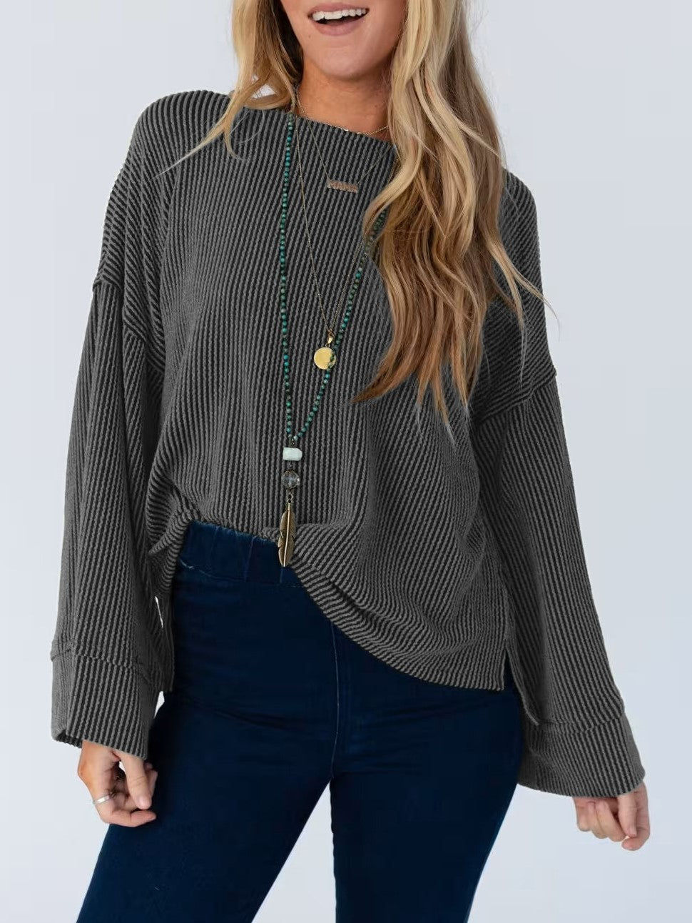 Oversized Waffle Knit Flare Sleeve Tee - Black - 1