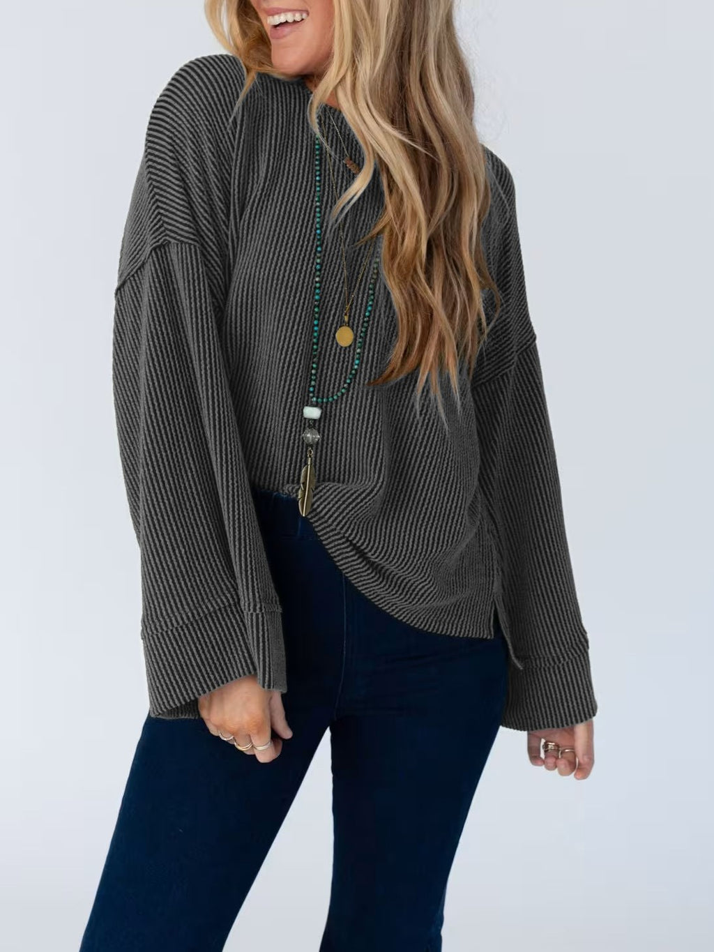 Oversized Waffle Knit Flare Sleeve Tee - Black - 2