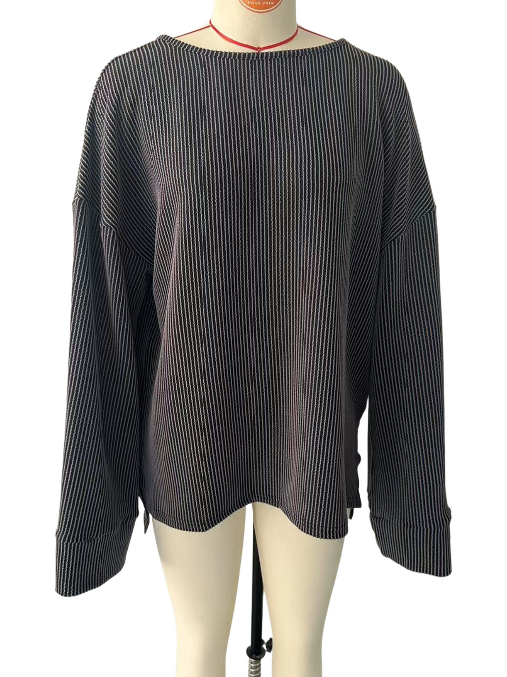 Oversized Waffle Knit Flare Sleeve Tee - Black - 3