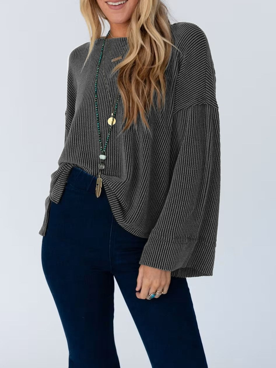 Oversized Waffle Knit Flare Sleeve Tee - Black - 4