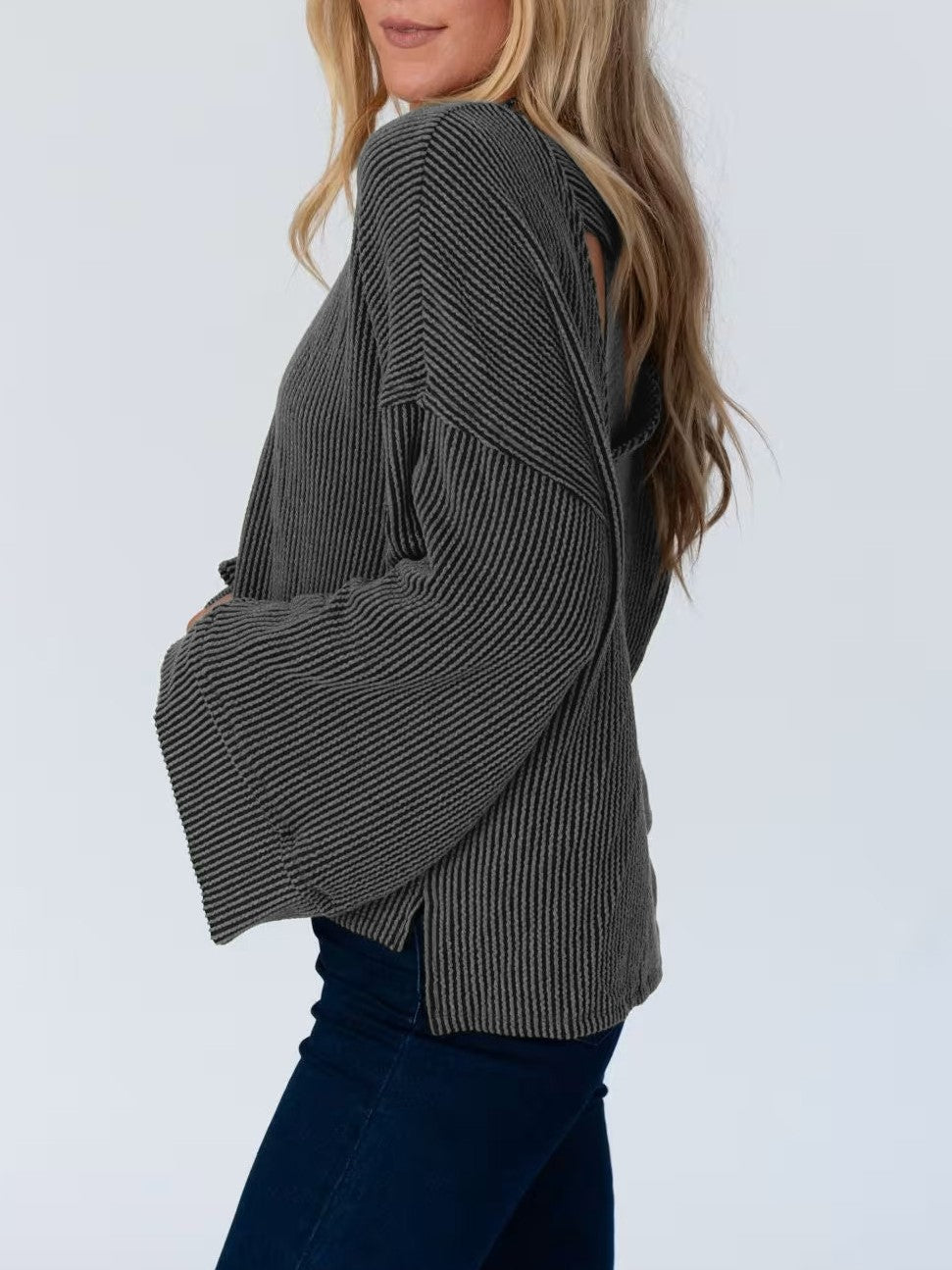 Oversized Waffle Knit Flare Sleeve Tee - Black - 6