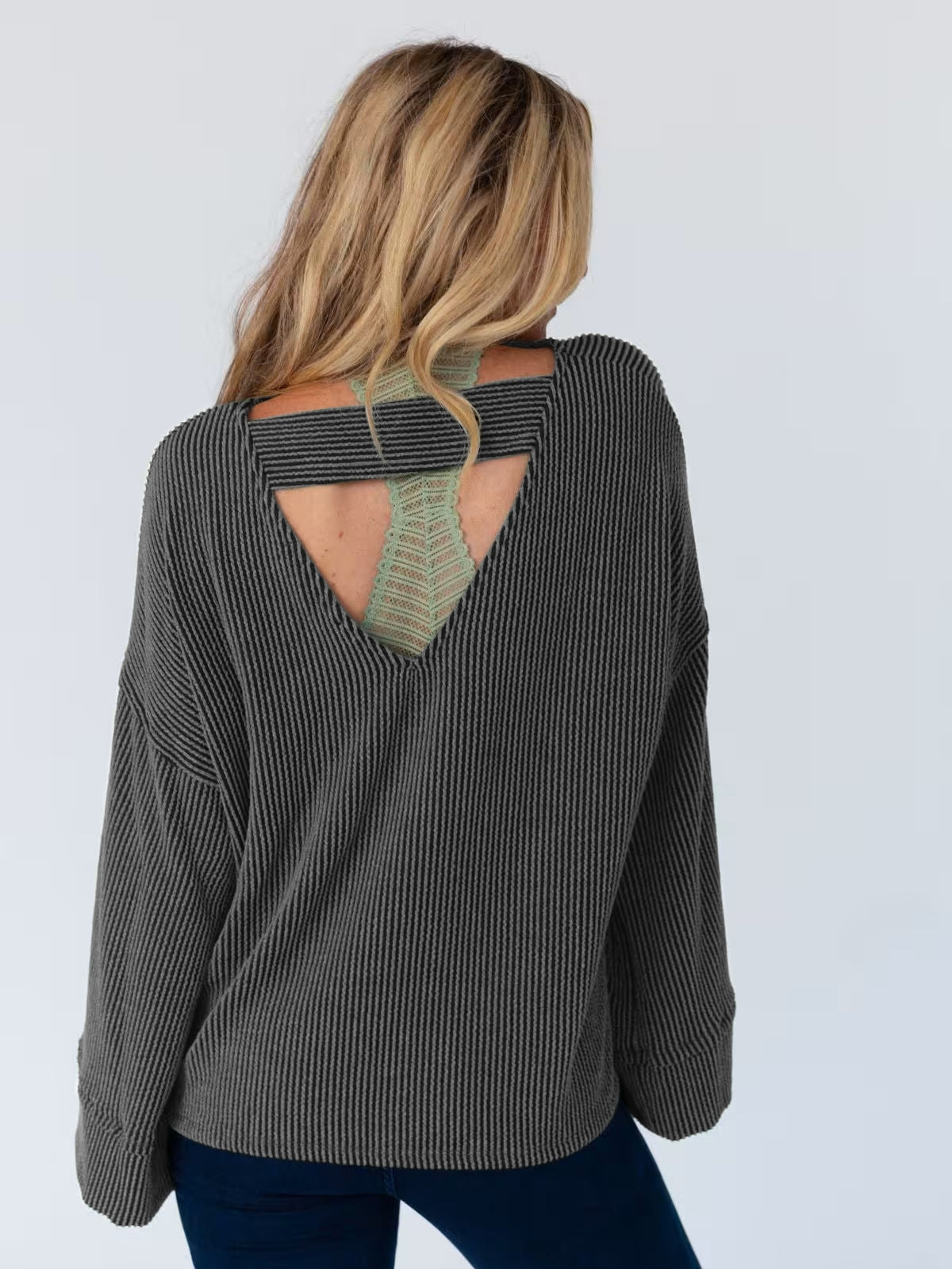 Oversized Waffle Knit Flare Sleeve Tee - Black - 8