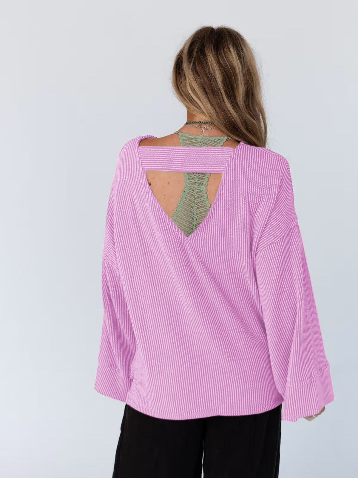 Oversized Waffle Knit Flare Sleeve Tee - Violet - 2