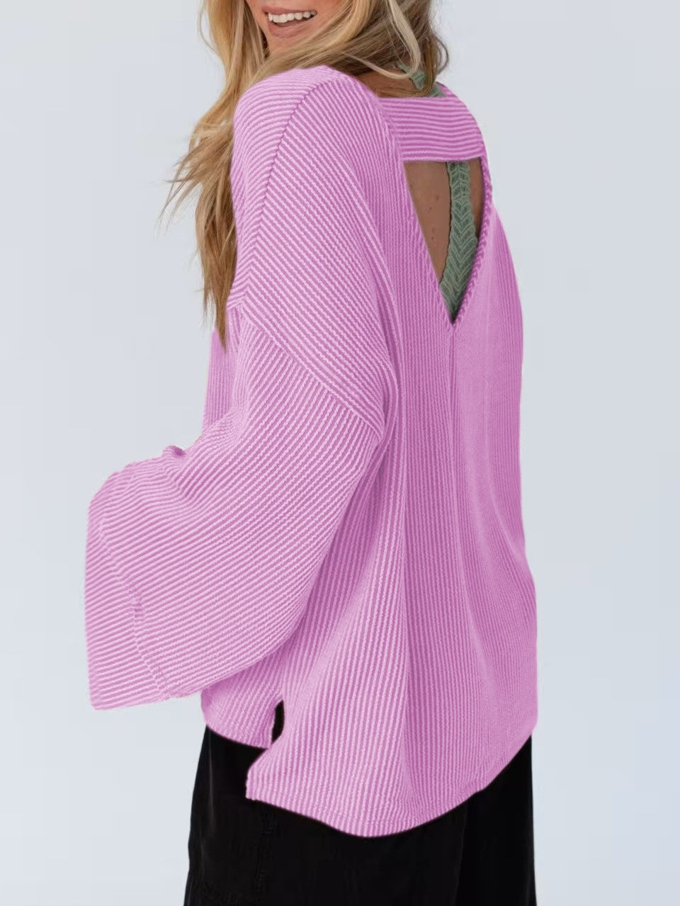 Oversized Waffle Knit Flare Sleeve Tee - Violet - 3