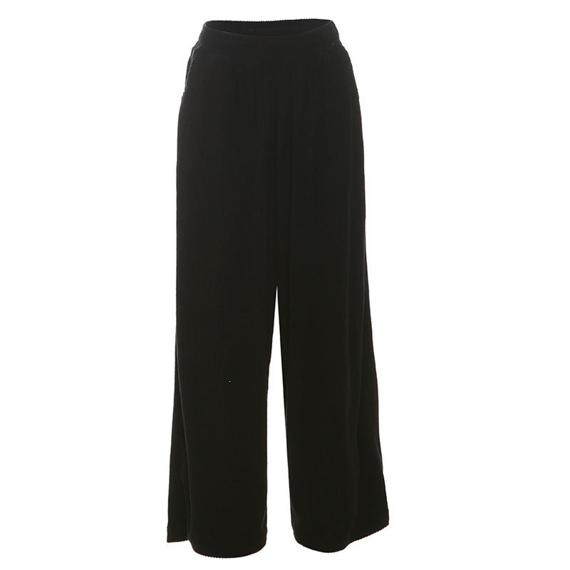 Corduroy Elastic Waist Baggy Wide Leg Pants - Black