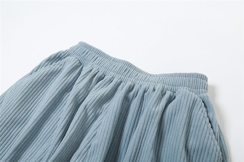 Corduroy Elastic Waist Baggy Wide Leg Pants - Blue - 2