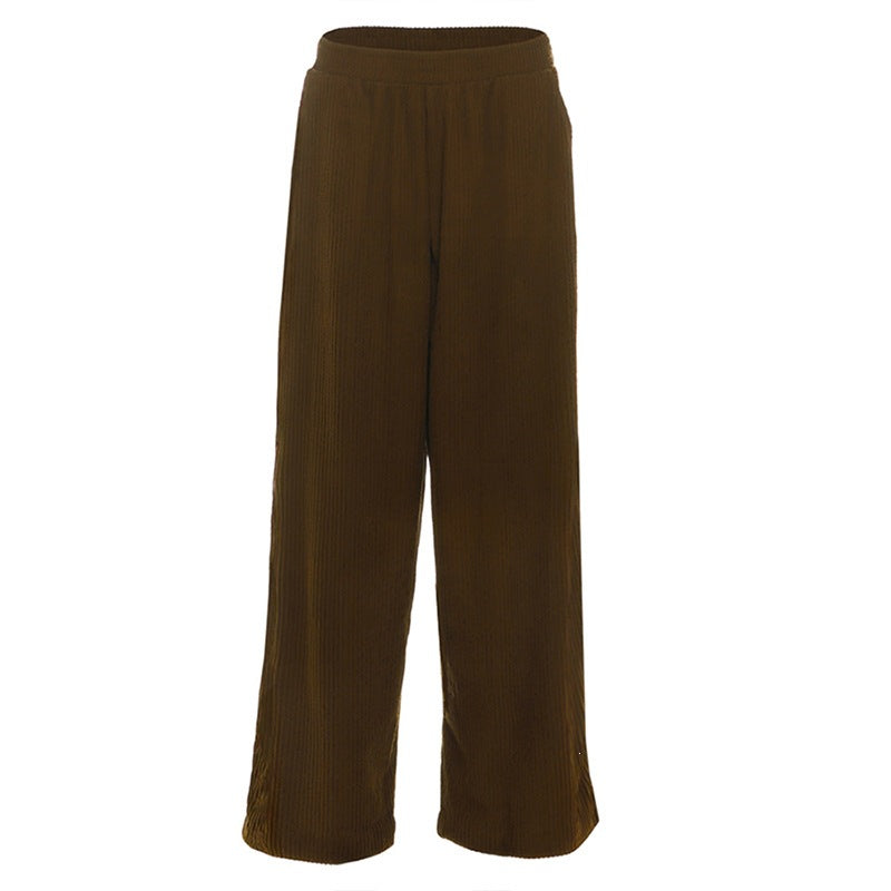 Corduroy Elastic Waist Baggy Wide Leg Pants - Coffee
