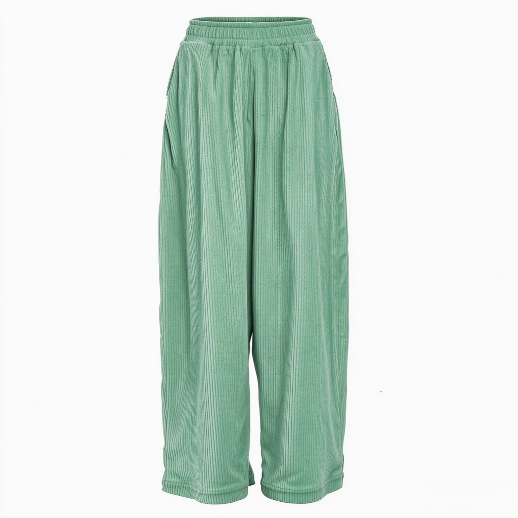 Corduroy Elastic Waist Baggy Wide Leg Pants - Green
