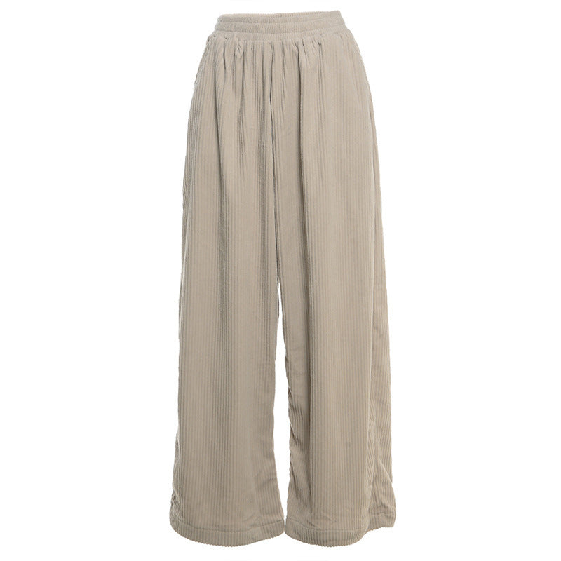 Corduroy Elastic Waist Baggy Wide Leg Pants - Khaki