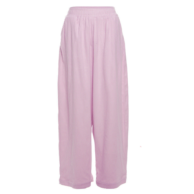 Corduroy Elastic Waist Baggy Wide Leg Pants - Pink