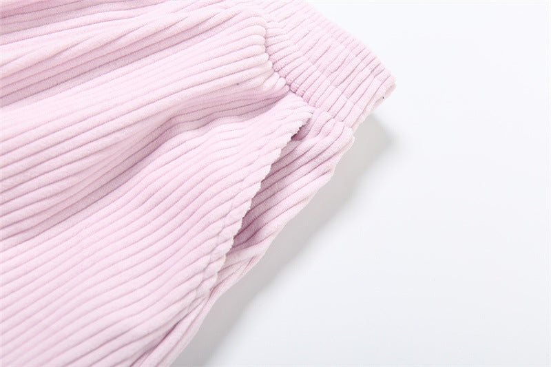 Corduroy Elastic Waist Baggy Wide Leg Pants - Pink - 1