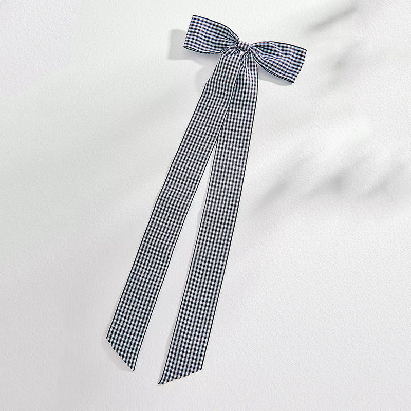 Long Streamer Gingham Bow Hair Clip - Black